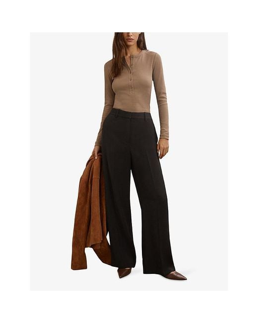Reiss Brown Rina Half-Button Stretch-Cotton Top