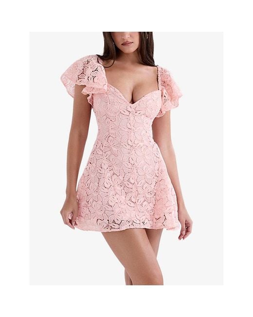 House Of Cb Pink Verity Sweetheart-Neck Lace-Embroidered Woven Mini Dress
