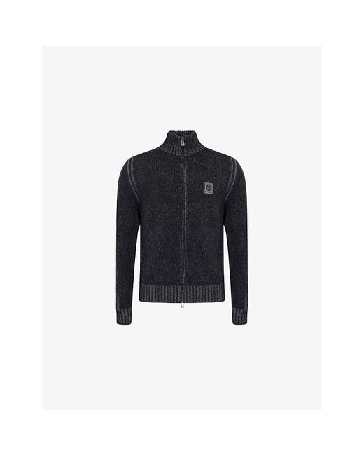 Belstaff Blue Logo-Patch Ribbed Wool Cardigan for men