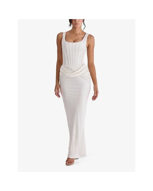 House Of Cb White Kira Gathered Satin Maxi Dress Xs (A-C Cup)