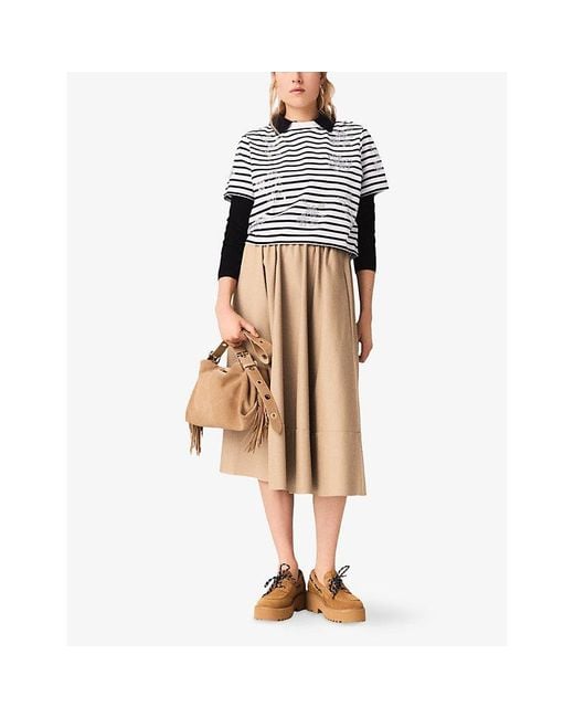 Maje Blue Striped Crystal-Flower Cotton-Jersey T-Shirt