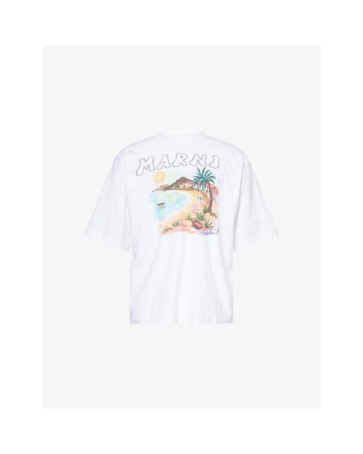 Marni White Graphic-Print Cotton T-Shirt for men