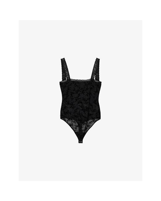 AllSaints Black Charli Logo-Strap Stretch-Woven Bodysuit