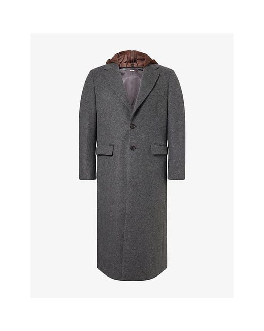 KHOKI Gray Suede-Insert Hooded Wool Coat for men