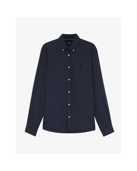 Boss Blue Brand-Embroidered Long-Sleeved Linen Shirt for men