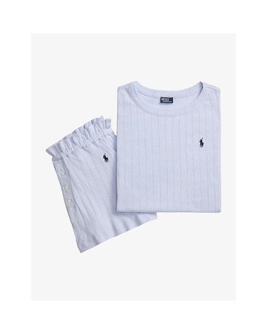 Polo Ralph Lauren Blue Pointelle Logo-Embroidery Cotton Pyjama Set