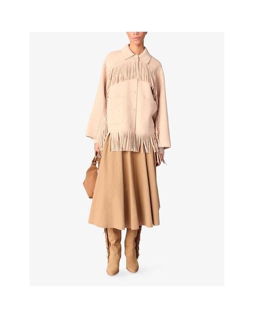 Maje Natural Fringe-Trim Brushed Wool-Blend Coat