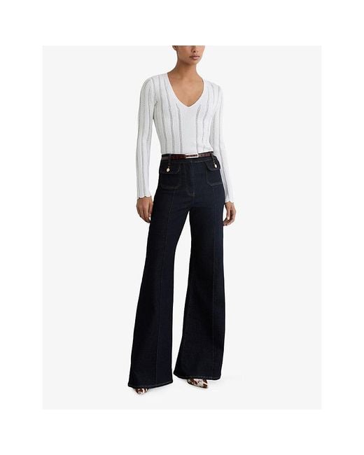 Reiss White Loui Open-Stitch V-Neck Knitted Jumper