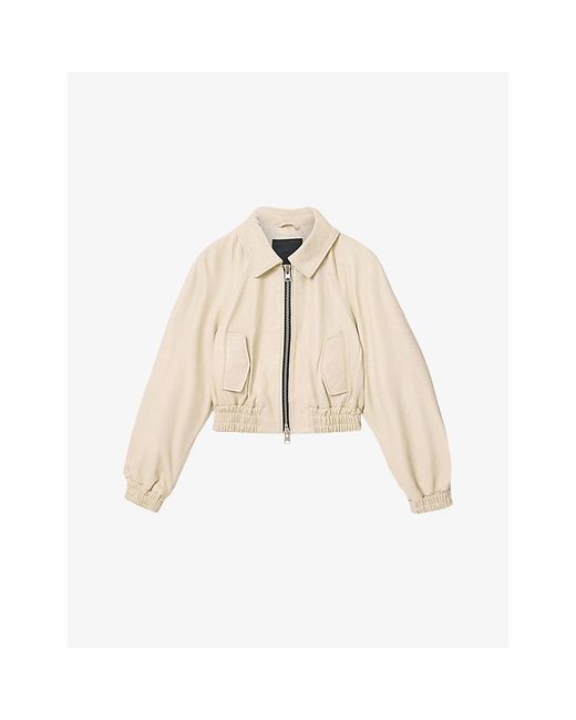 AllSaints Natural Anouk Cropped Leather Bomber Jacket
