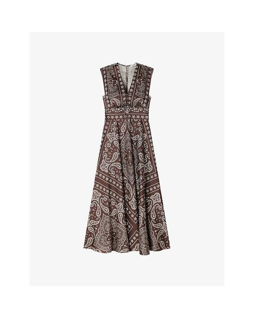 Sandro Brown Bandana-Print Satin Maxi Dress