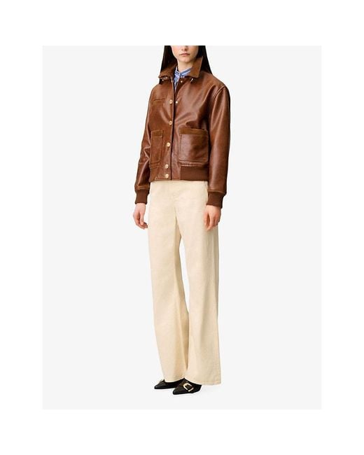 Claudie Pierlot Brown Relaxed-Fit Side-Pocket Leather Jacket