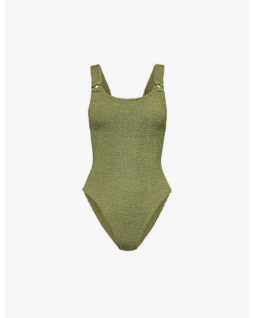 Hunza G Green Domino Square-neck Scoop-back Swimsuit