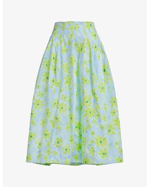 Marni Green Floral-print Flared-hem Cotton Midi Skirt