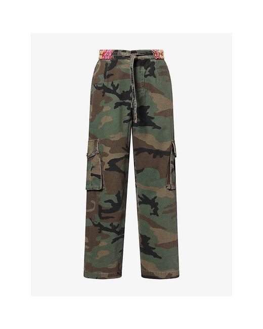 NAHMIAS Green Embroidered-Print Cotton Cargo Trousers for men