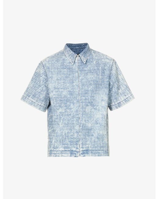 Givenchy Blue 4g Logo-pattern Boxy-fit Stretch-denim Shirt for men