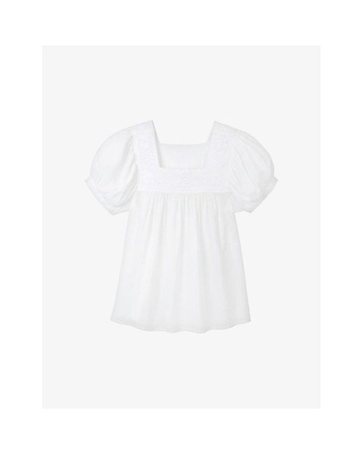 The White Company White The Company Flower-embroidered Square-neck Organic-cotton Top