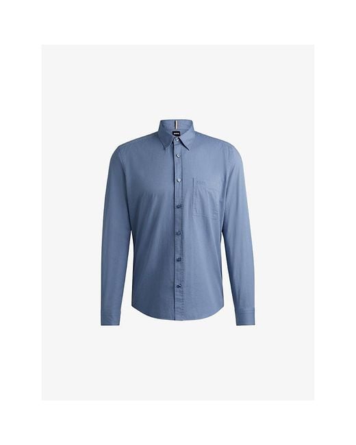 Boss Blue Regular-Fit Logo-Embroidered Cotton-Twill Shirt for men