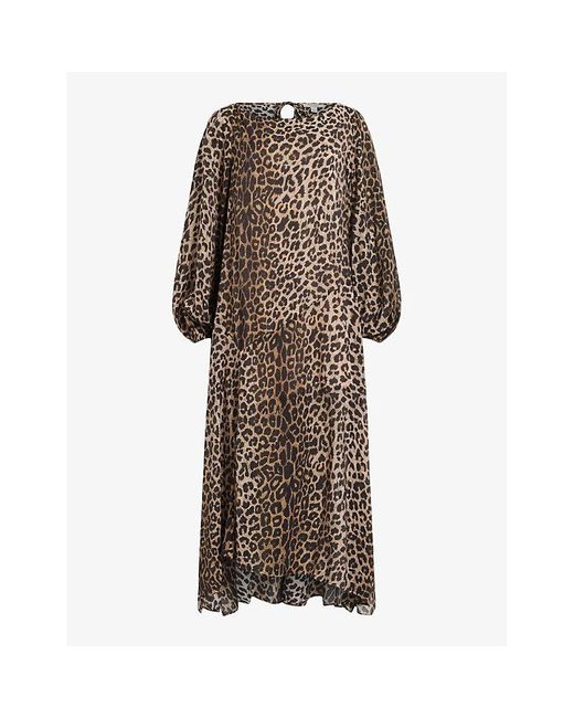 AllSaints Brown Jane Leopard-print Split-sleeve Woven Midi Dress