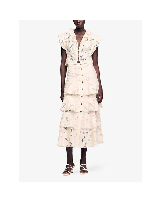 Sandro Natural Floral-Pattern Tiered-Hem Lace Midi Skirt