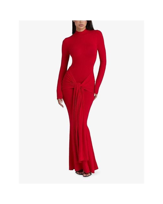 House Of Cb Red Imogen Draped Knitted Maxi Dress