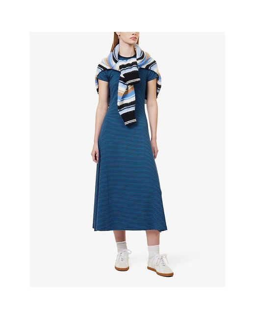 Polo Ralph Lauren Blue Stripe-print Flared-hem Stretch-woven Blend Midi Dress
