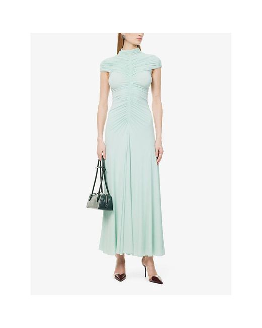 Alaïa Green Flared Ruched Stretch-Woven Maxi Dress