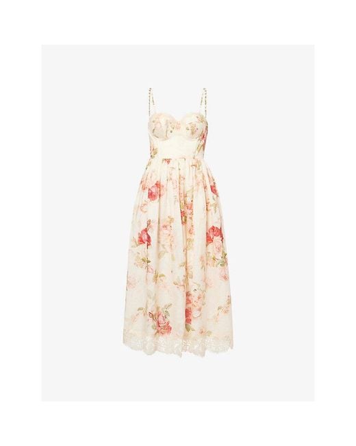 Zimmermann Pink Roselight Picnic Floral-Print Linen Midi Dress