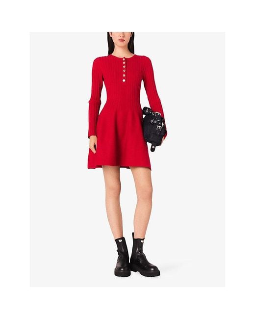 Maje Round-Neck Flared-Skirt Stretch-Knit Mini Dress | Lyst