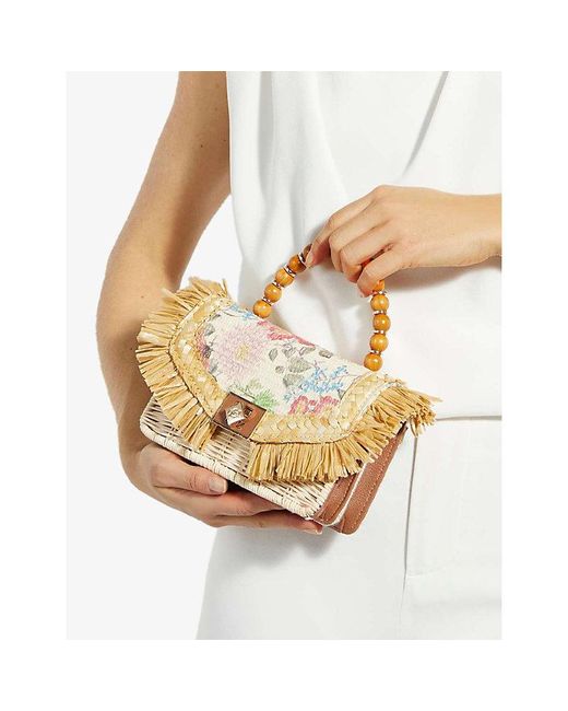 Dune Metallic Blooms Floral-Print Raffia Top-Handle Bag