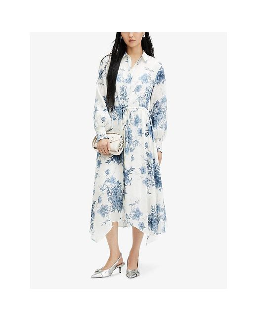 AllSaints White Skye Dekorah Graphic-print Asymmetric-hem Silk And Linen-blend Midi Dress