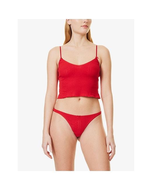 Cou Cou Intimates Red Mid-Rise Pointelle-Pattern Cotton Thong