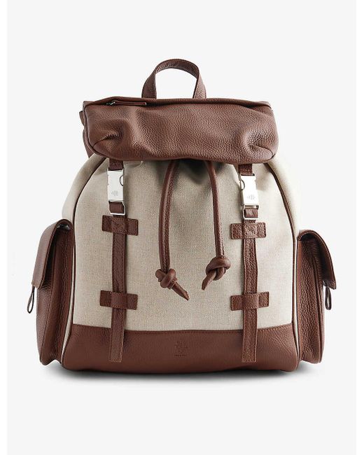 Eleventy Brown Flap-pocket Leather-trimmed Cotton-canvas Backpack for men