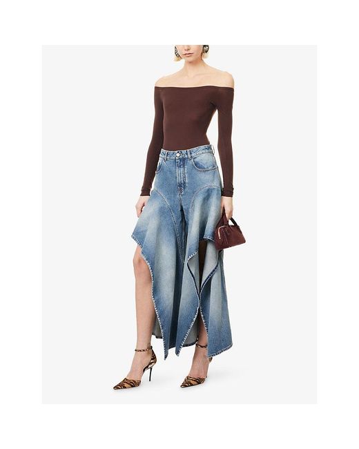 Alaïa Blue Ruffle-Hem Mid-Rise Denim Jeans