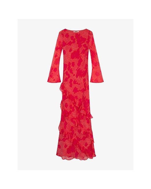 OMNES Red Bridie Blur-Print Chiffon Maxi Dress