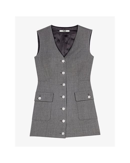 Maje Gray V-Neck Jewel-Button Woven Playsuit