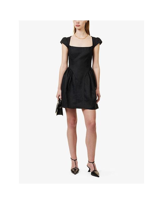 Reformation Black Oaklyn Square-neck Linen Mini Dress