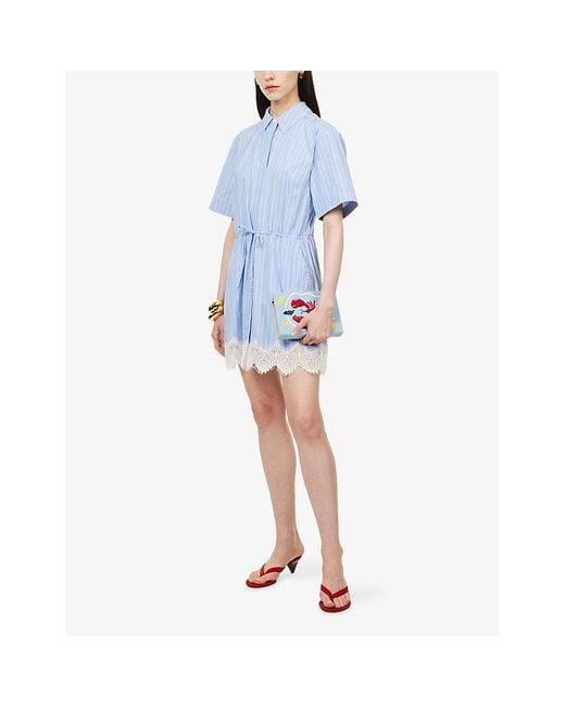 Jonathan Simkhai Blue Calder Striped Lace-Hem Cotton Mini Dress