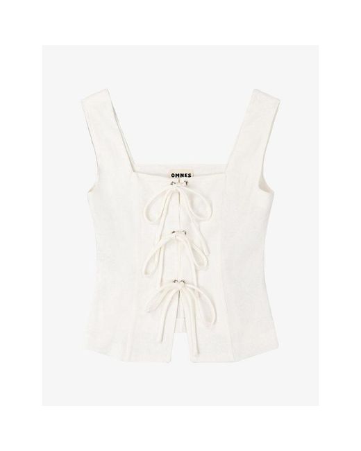 OMNES White Oprah Tie-Front Linen-Blend Top