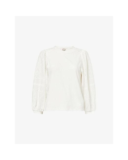 ME+EM White Balloon-Sleeve Broderie-Anglaise Cotton-Blend Top