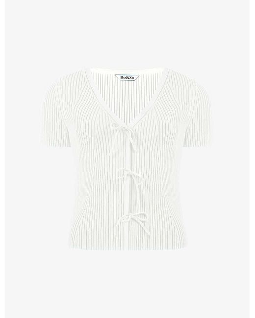 Ro&zo White Tie-front Short-sleeved Rib-knit Top