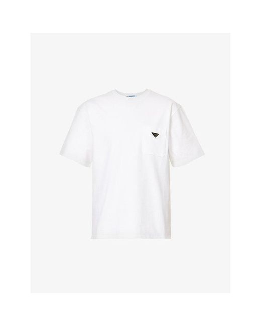 Prada Logo-plaque Round-neck Cotton T-shirt in White | Lyst