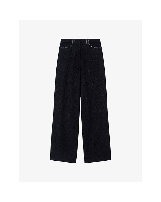 Maje Blue Contrast-stitch Wide-leg Mid-rise Tweed Trousers