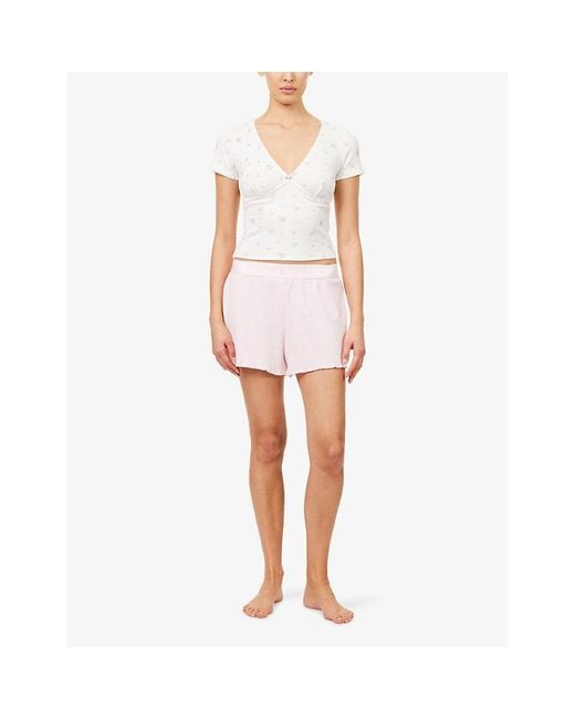 Lounge Underwear White Short-Sleeve Ribbed Cotton-Blend Pyjama Top