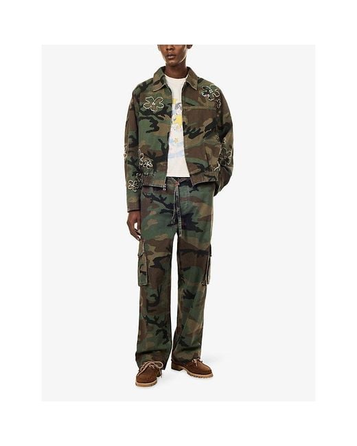 NAHMIAS Green Embroidered-Print Cotton Cargo Trousers for men