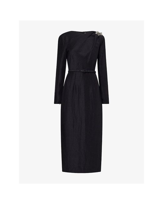Roland Mouret Black Long-Sleeve Brooch Ramie-And-Silk Midi Dress