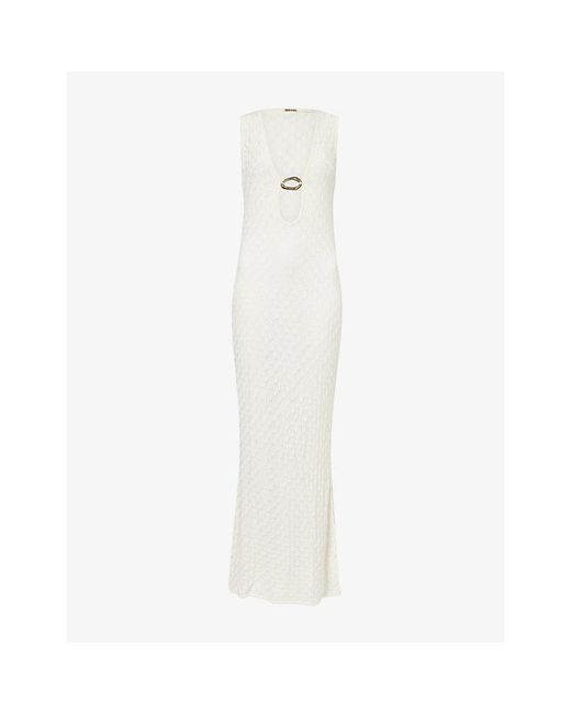 Away That Day White Dominica Plunge Crochet Knit Maxi Dress