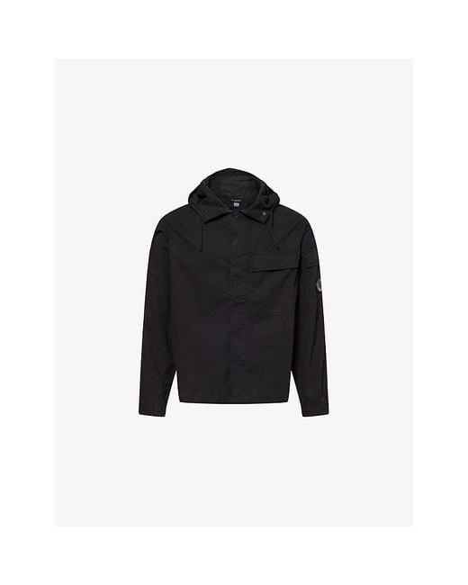 C P Company Black Hooded Lens-Patch Cotton Overshirt for men