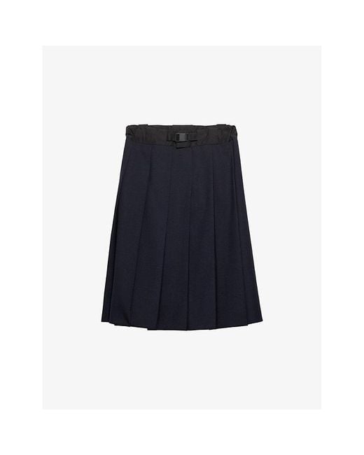 Prada Blue Shell-Panel Belted Wool Midi Skirt