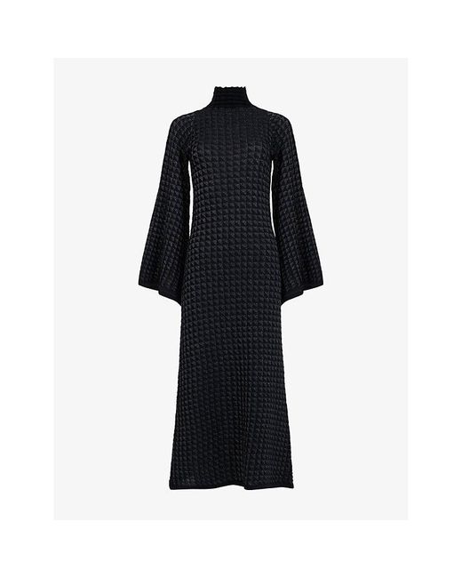 eem Black Bell-Sleeve High-Neck Metallic-Yarn Kaftan