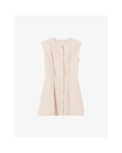 Claudie Pierlot Natural Sleeveless Button-Down Linen-Blend Mini Dress